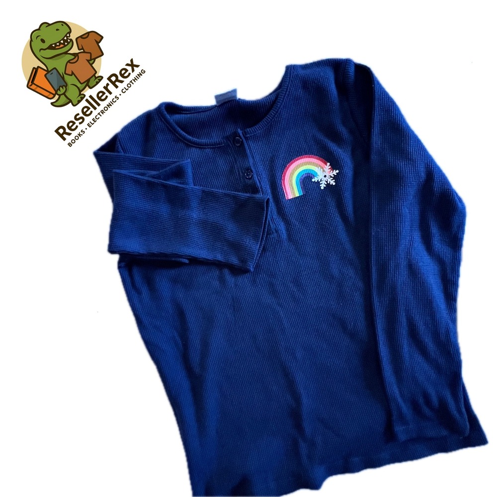 Cat Jack Navy Blue Long Sleeve Thermal Rainbow Snowflake Shirt Kids Large 10 12